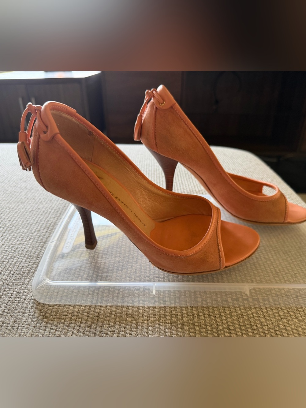 Giuseppe Zanotti Orange Suede Peep-Toe Stiletto Heels with Back Tassel Accent